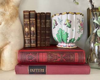 Beautiful antique books, french pot, ladies bust