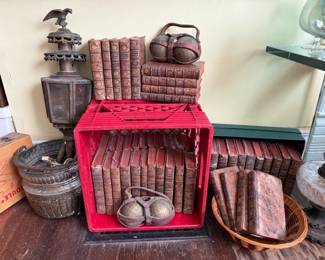 antique coach lantern, brass boules balls in leather and a rare set of 46 french natural history books from 1600's-1700's!!!!
