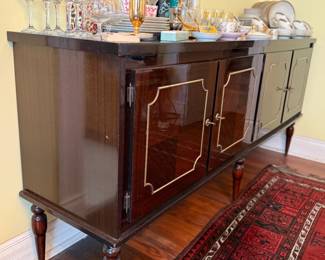 MCM buffet sideboard, antique wool floor rug, china, crystal and more