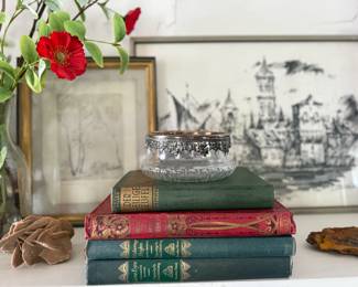 antique books, crystal, original antique etching and pen/pencil artwork