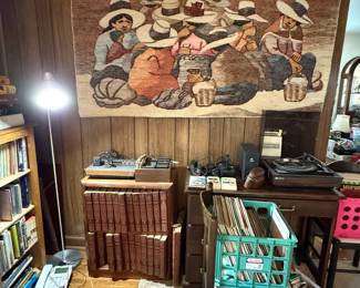 atari game console w/games and controllers, albums, record player, wall art tapestry, mcm desk and masks