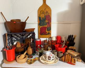 wood bowls, hand painted cutting board, mcm kitchen items