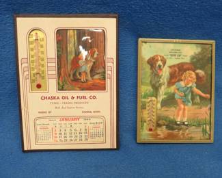 Lot 388. Two 1944 Minnesota advertising thermometer/calendars from the towns of Chaska and Cologne.