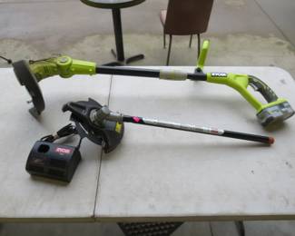 Lot 206. Ryobi 18v line trimmer and brush cutter attachment with charger and one battery