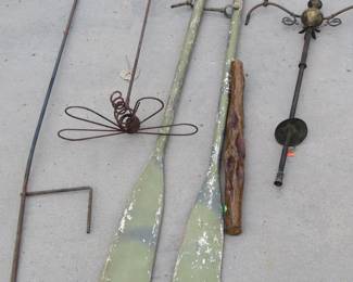 Lot 225. Vintage set of oars, shepherd's hook, metal butterfly, and more
