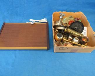 Lot 350. Metal knickknacks, candle holders, warming tray, and more