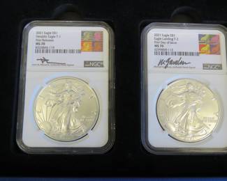 Lot 302. Set of two 2021 MS 70 Silver Eagle dollar coins, each with 1 oz of fine silver