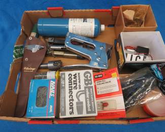 Lot 110. Mitutoyo micrometer, misc. hardware, stapler, and more