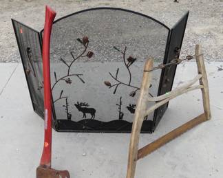 Lot 227. Buck saw, axe, and fireplace screen