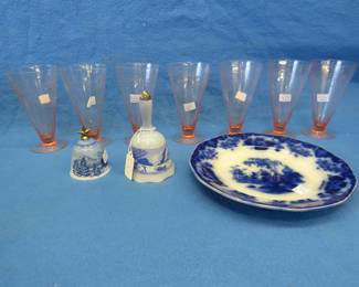 Lot 294. Pink Depression era ice tea glasses, two bells, and a plate