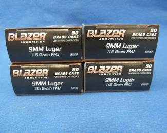 Lot 196. Blazer 9mm luger. 115-grain. Four full boxes of 50 each. 200 total rounds.