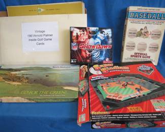 Lot 109. Five games including a 1961 Arnold Palmer golf card game with all 9 holes and hardcover books and hardcover books