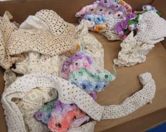 Lot 157. Knitted or crocheted items, fancy glass dinnerware, fancy saucers, and more