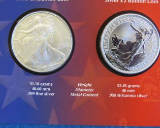 Lot 347. Silver Bullion 2-coin set, including 2003 U.S. Silver Eagle with 1oz of fine silver and 2002 Great Britain Britannia with 32.45 grams of .958 silver.