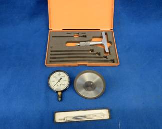 Lot 107. Mitutoyo depth gauge set, dividers, diamond stone, and more
