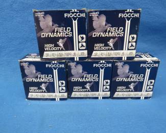 Lot 199. Fiocchi 12-gauge 2 3/4" #6 shot. Five full boxes of 25 each. 125 total rounds.