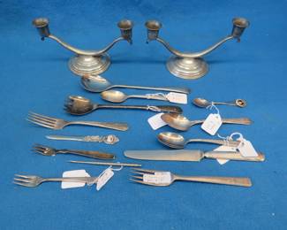 Lot 296. Box lot including a Fostoria bowl, pewter candlesticks, and more