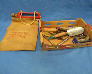 Lot 385. Canvas water bag, garden tools, master links, and more