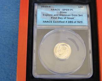 Lot 340. Two 2019 D encapsulated Roosevelt dimes with a CA graded Anacs-SP69PL