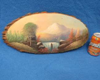 Lot 36. Mohler-style painting by an unidentified artist on a pine slab. 19" x 9"