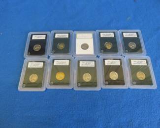 Lot 342. 6 1968 S Jefferson nickels, IMB certified Gem MS70. One 2005, and 2 2003 S Jefferson nickels INB certified DCAM Proof 7C. One 1936 Indian Head Nickel.