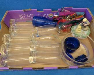 Lot 240. Drinkware, blue decorative glass, and more