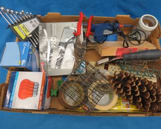 Lot 166. Wrench set, staple gun, shims, tape, power strip, and more