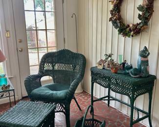 Green Wicker Arm Chair, Ottoman
