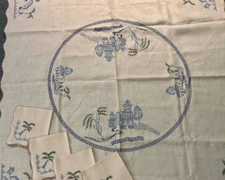 Blue White Cross stitch Tablecloth, Napkins