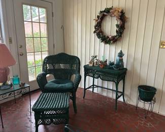 Green Wicker Chair, Ottoman,Table