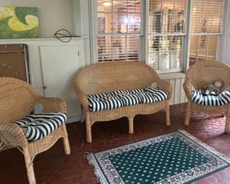 Wicker Settee, Two Chairs, Table