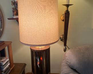 Mid century pair wood and blue clear lamps w flickering flame bulbs