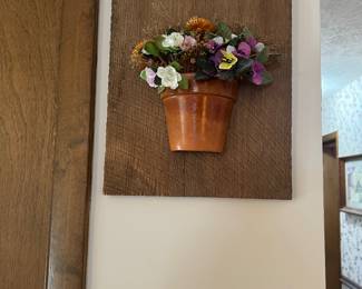 Pair wood placks w pottery pots