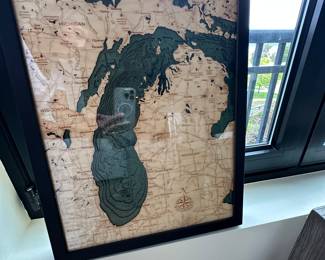 Lake Michigan wood carved topographic depth chart/map; black frame; 16" x 20"; $65