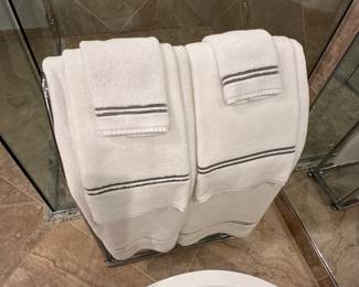 Set of 6 Restoration Hardware Hotel Satin Stitch white and gray towels; $50/set; free-standing towel rack; $45