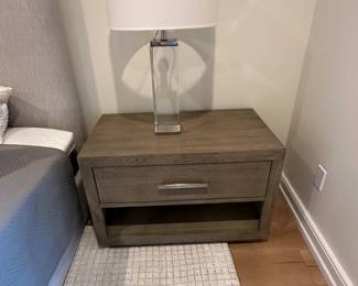 Restoration Hardware square crystal table lamp; 29 1/4" t (2 available); $195; Restoration Hardware Kempton nightstand (2 available); 36" w x 20" d x 24" t; $395 ea. 