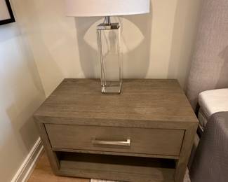 Restoration Hardware square crystal table lamp; 29 1/4" t (2 available); $195; Restoration Hardware Kempton nightstand (2 available); 36" w x 20" d x 24" t; $395 ea. 