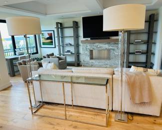 Restoration Hardware Nicholas console table; 15" d x 60l x 30" t; $850; Restoration Hardware column glass floor lamps (2 available); 74" t; $260 ea.; Restoration Hardware cashmere throw; $65