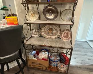 bakers rack and decorative plates