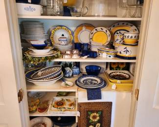 Vintage dish sets, Pyrex Blue and Clear,cutting boards, Vintage metal trays and Copper molds 