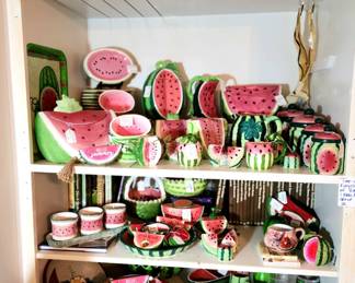 Watermelon canister sets, salt and peppers, serving trays, cookie jars, plates and bowls ,pitchers ,mugs and flower pots