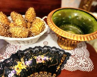 1960s Anthony of California Gold Leaf Ceramic bowl,Vintage fan, Vintage Department 56 gold pinecones