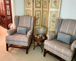 2 Upholstered Wing Back Chairs, Two Sided Painted 4 Panel Screen 