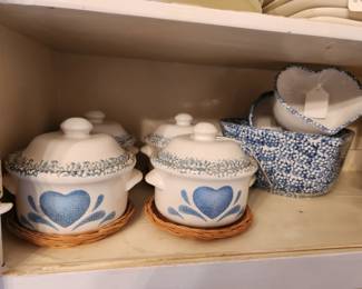 Vintage Corelle ware Stonewall blue mini casseroles,with lids and wicker coasters