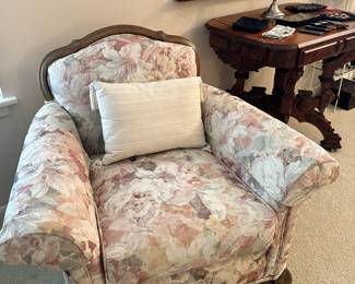Antique French Louis XV Style Canape' Chair, Featuring Dark Carved Wood 