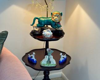 "Chinoiserie" Ceramic Monkey Lamp and other Figurines on a Vintage 2 Tied Lamp Table