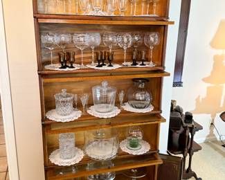 Stackable Five Shelf, Lawyers Bookcase/Display Case with Base and Cap, by Globe Wernicke filled with some beautiful glassware