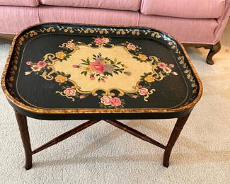 Vintage Hand-Painted Floral Tole Tray Table with Stand