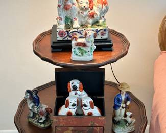 Collection of Vintage Porcelain and Ceramic Figurines of People and Dogs on a Vintage 2 tier End Table