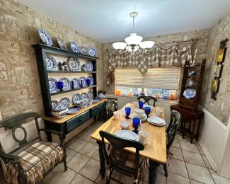 Farmhouse Breakfast Table with 2 Arm and 4 Side Chairs, Matching Open Hutch with 2 Drawered Base is also Available 